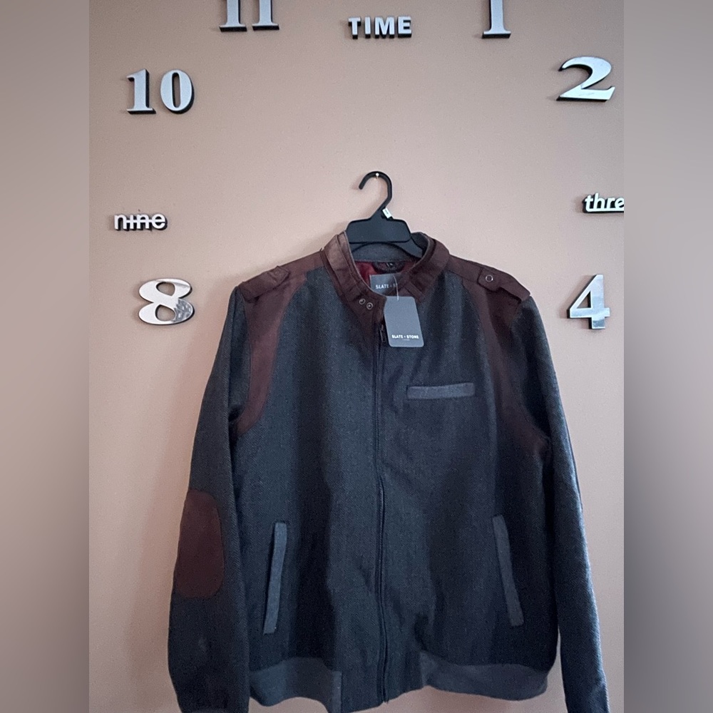 Slate & Stone Gray Wool Jacket with Burgundy Shoulder and Elbow accents in XL